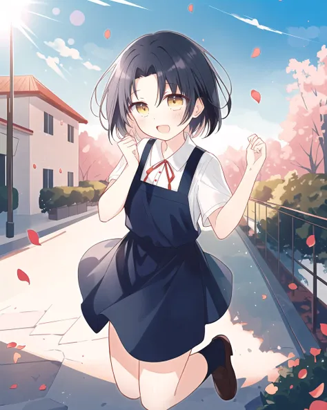 masterpiece,best quality,highres,
(parted bangs:1.2),short hair,black hair,yellow eyes,forehead,straight hair,outdoors,jumping,sky,cloud,blush,kindergarten uniform,full body,looking at viewer,laughing,hands up,petals,blurry foreground,depth of field,buildi...