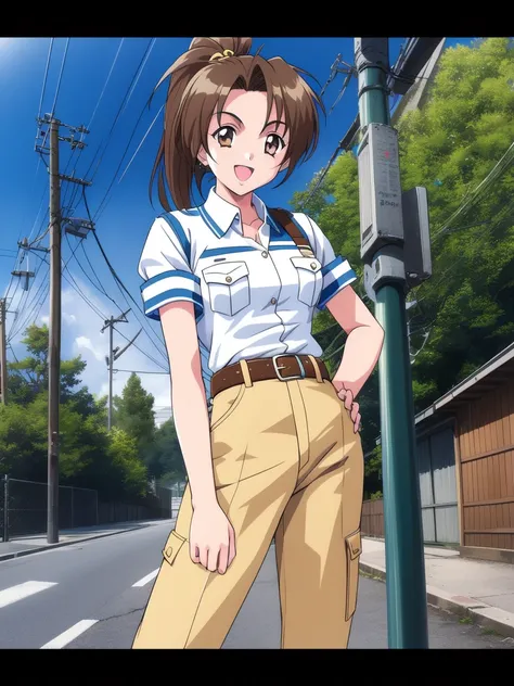 <lora:Kudanshita_Maeka:0.8>, kudanshitamaeka, 1girl, solo, brown hair, day, sleeves rolled up, brown eyes, uniform, ponytail, outdoors, sky, open mouth, building, utility pole, pointing, smile, power lines, belt, cloud, tree, ;d, ground vehicle,
masterpiec...