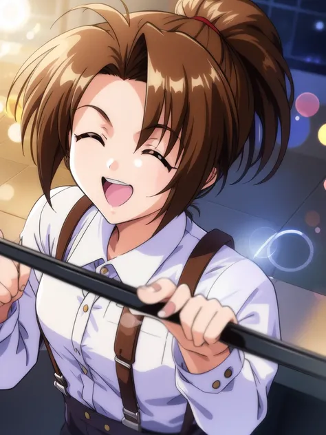 <lora:Kudanshita_Maeka:0.8>kudanshitamaeka, 1girl,  v, brown hair, closed eyes, mop, cleaning, suspenders, shirt, open mouth, lens flare, smile, broom, ponytail, holding, long sleeves, duster, short hair,
masterpiece, high quality, very_high_resolution, la...