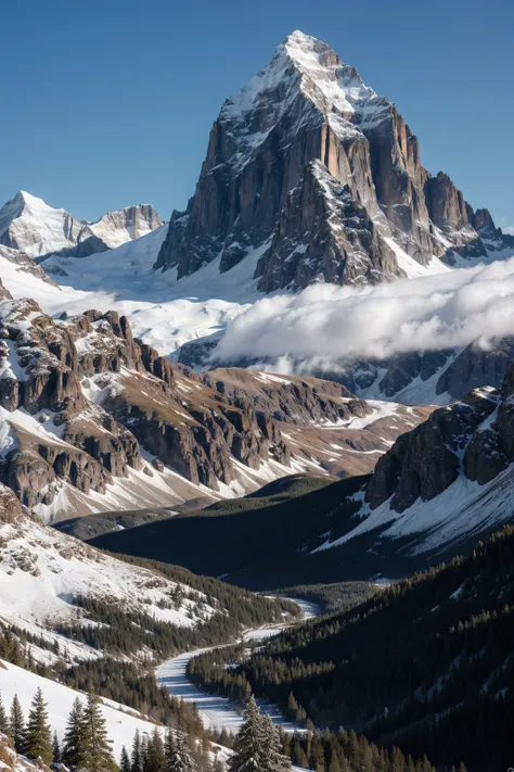 realistic, very beautiful landscape in the mountains, snow-capped peak