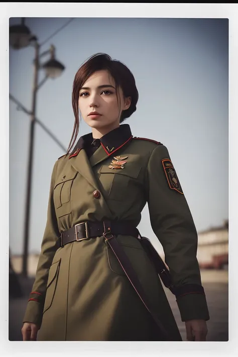 8k, realistic, vray, HDR, 6000K, portrait photo of beautiful, best quality, masterpiece, highly detailed, ultra-detailed,  bestgirlone 1girl, military uniform, ussr soviet umion, Army checkpoint in the background,  sharp focus
creating a hyperpunk scene wi...