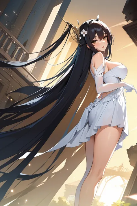 1girl, idmsd, absurdly long hair, antlers, hair on antlers, hair flower, necktie, white dress, clothing cutout, white elbow gloves,,  ((high quality:1.2, masterpiece:1.2)), highly detail,  dynamic angle, rating: sensitive, happy, mile shoot, facing viewer,...