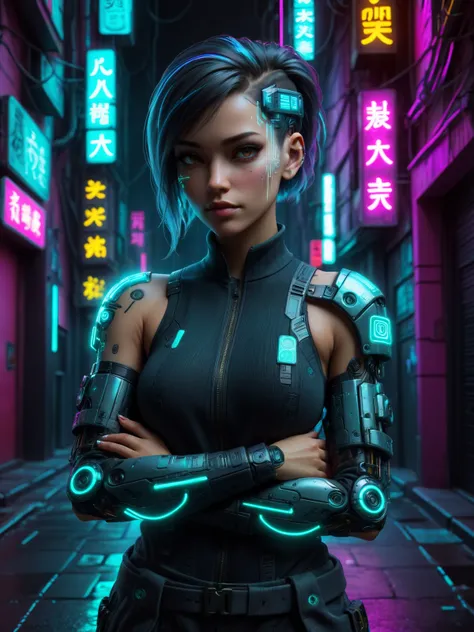 woman, headoverlay, headwear, hologram, cyberpunk alley, neon lights, <lora:Neon_Cyberpunk_SDXL_Cyberware:0.6> Arms crossed, (masterpiece:1.2), best quality, (hyperdetailed, highest detailed:1.2), high resolution textures