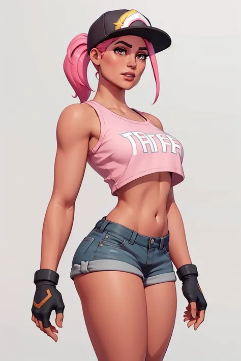 <lora:VRAMsRamirez:0.7> vramsramirez, 1girl, solo, long ponytail, pink hair, white background, crop top, three quarter view, parted lips, short shorts, posing, hat