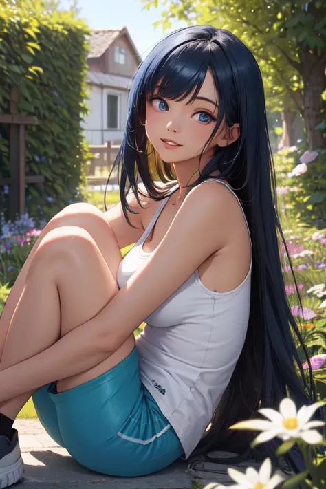 (masterpiece, best quality), 1girl, solo, dark blue hair, very long hair, straight hair, blunt ends, asymmetrical bangs, blue eyes, medium breasts, toned, house, garden, outdoors, sitting, hugging own legs, from side, looking at viewer, parted lips, light ...