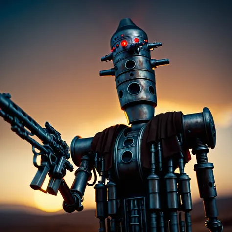 cinematic film still of  <lora:IG-88:1>
IG-88 droid a robot with a gun and a light on In Star Wars Universe, solo, weapon, sky, blurry, gun, no humans, robot, science fiction, shallow depth of field, vignette, highly detailed, high budget, bokeh, cinemasco...