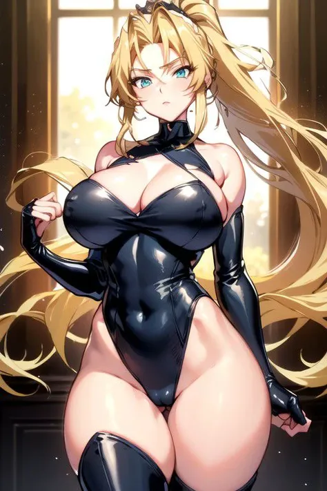 bedroom, (large breasts:1.2), (thighs:1.2), cowboy shot,  (masterpiece:1.2), (best quality:1.2), best illumination, best shadows,  best lighting blonde hair, high ponytail, black dress, bridal gauntlets, very long hair, aqua eyes, cleavage, detached sleeve...