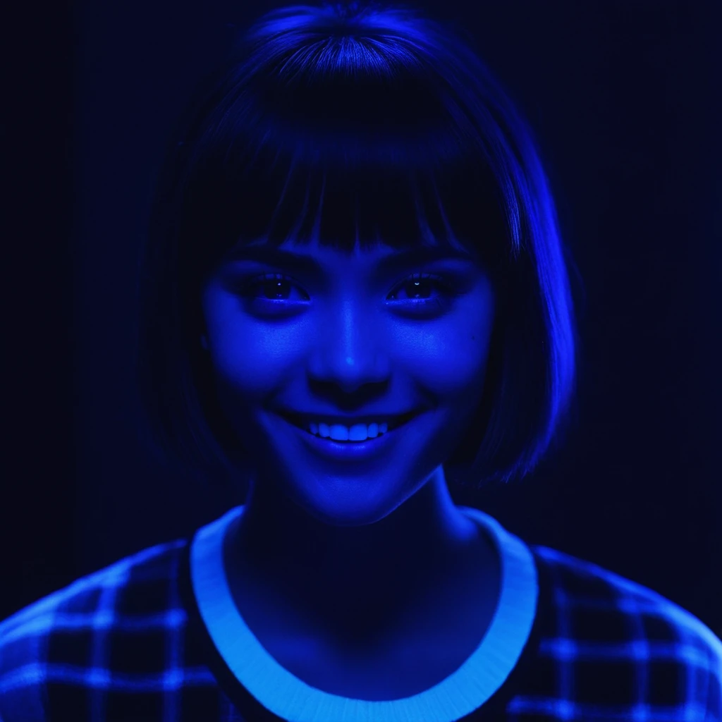 cinematic film still of  <lora:Ultraviolet lighting Style:1>
a woman with a blue glow on her face Ultraviolet lighting Style,1girl,solo,looking at viewer,smile,short hair,bangs,simple background,shirt,1boy,male focus,teeth,dark skin,grin,black background,p...