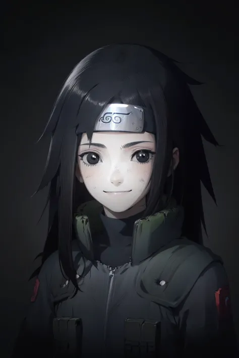 <lora:NanashiUchiha:1>, Nanashi Uchiha, 1girl, long hair, black hair, best quality, <lora:attire_narutovest:1> joninvest, forehead protector, upper body, black eyes, smile, looking at viewer, dark background, simple background