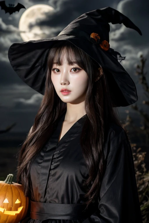 1girl, solo, 4k HDR, realistic, ultra detailed, natural lighting, wearing a witch outfit with long hair, halloween theme background with gloomy pumpkin glowing in the dark and full moon, scattered cloud, asymmetrical wavy long hair, (detailed face), (detai...