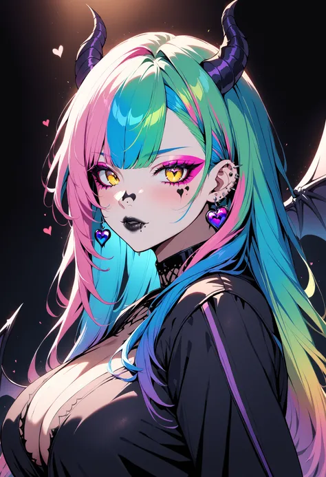 1girl, porcelainearthxl, bangs, black background, black lips, black nails, blue hair, ear piercing, earrings, gradient hair, green hair, heart, horns, jacket, jewelry, lip piercing, long hair, long sleeves, looking at viewer, makeup, yellow hair, blue hair...