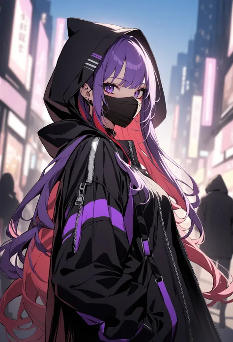 1girl, Holo-Punk Style, black coat, blurry, blurry background, coat, hood, hood up, long hair, long sleeves, looking at viewer, mask, mouth mask, multicolored hair, nail polish, outdoors, purple hair, purple nails, red hair, solo, very long hair, zipper, c...