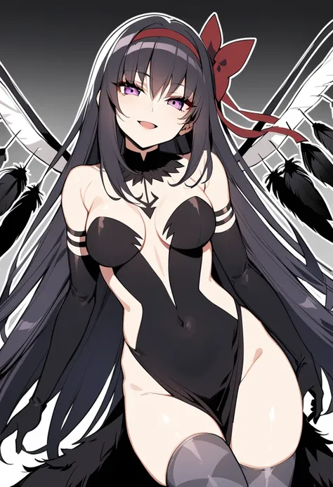 1girl, akuma homura, solo, long hair, black hair, gloves, elbow gloves, thighhighs, dress, black gloves, purple eyes, looking at viewer, black dress, wings, argyle legwear, breasts, smile, bow, argyle, hair bow, open mouth, bare shoulders, bangs, feathers,...