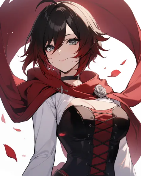 masterpiece,best quality,<lora:ruby_rose:1>,ruby rose, 1girl, solo, smile, looking at viewer, upper body, red cape, ahoge, petals, black choker, white background, closed mouth, hair between eyes, corset, long sleeves, shiny hair, bangs, character name