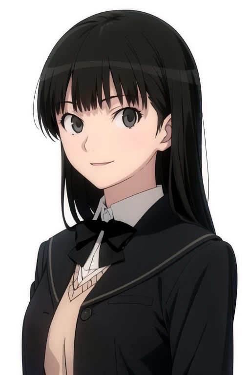 solo, 1girl, looking at viewer, 2D, anime, anime coloring, upper body, (solid white background:1.3), <lora:tsukasa-amagami:0.8>, tsukasa ayatsuji, kibito high school uniform, black bow, black jacket, looking at viewer, smile