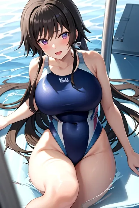 yui,(swimsuit,highleg swimsuit,)1girl, solo,(masterpiece,best quality),large breasts,very long hair, miniskirt, looking at viewer ,<lora:takamura yui-4style:1>,purple eyes, brown hair,  floating hair, light particles:1.5, depth of field, white hairband,
 l...