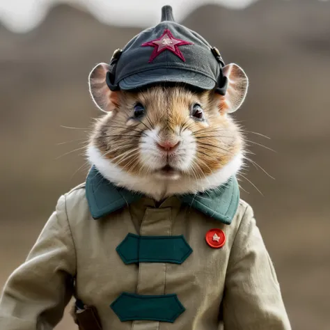 <lora:RKKA-000005:0.9>(closeup:1.2) Cinematic, standing pose hamster  in rkka:0.8 officer uniform (full body:1.7) in  (comouflage budenovka, with small star:1.2) with Aviator sunglasses, Low-angle shot,