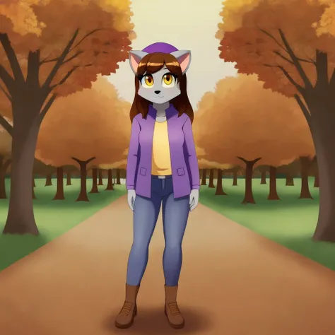 <lora:takayuki-20:0.7>
masterpiece, 1girl, solo, female,
takayuki, grey fur, yellow eyes, brown hair, long hair, tail,
purple jacket, purple hat, blue pants, brown footwear,
adult, standing on 2 legs, slim body,
autumn background, park, trees,