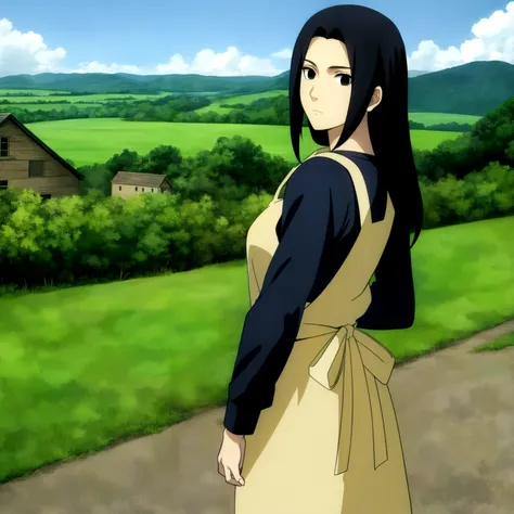 1girl, solo, long hair, black hair, apron, looking at viewer, shirt,sidelocks, black eyes, expressionless, <lora:Mikoto:1> <lora:animemix_v3_offset:0.7>, outdoors,village, shirt, cowboy shot, long sleeves, 
from behind, ,looking back,