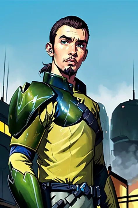 (best quality, masterpiece)1boy, solo, goatee, armor, shoulder plate armor,ponytail, kananjarrus,harness, cyberpunk city in background<lora:kananjarrus:0.9> (high contrast, official art, extreme detailed, highest detailed)