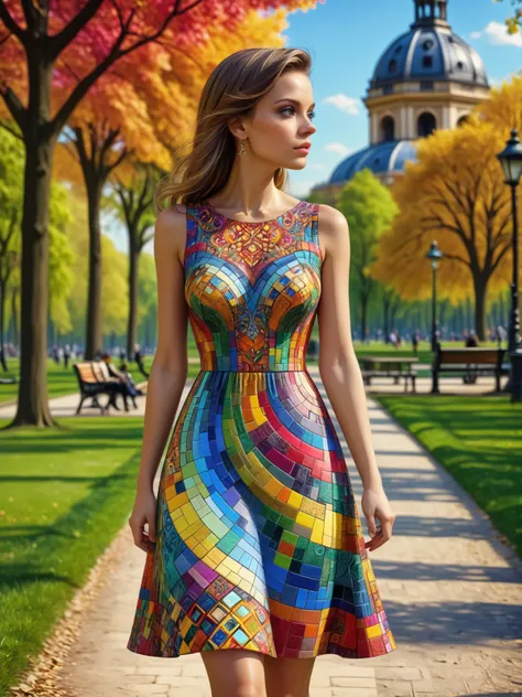 woman wearing a colorful mad-tilestyle dress walking through a public park <lora:Colorful_Tile_Style_SDXL:1>, (masterpiece:1.2), best quality, (hyperdetailed, highest detailed:1.2), high resolution textures