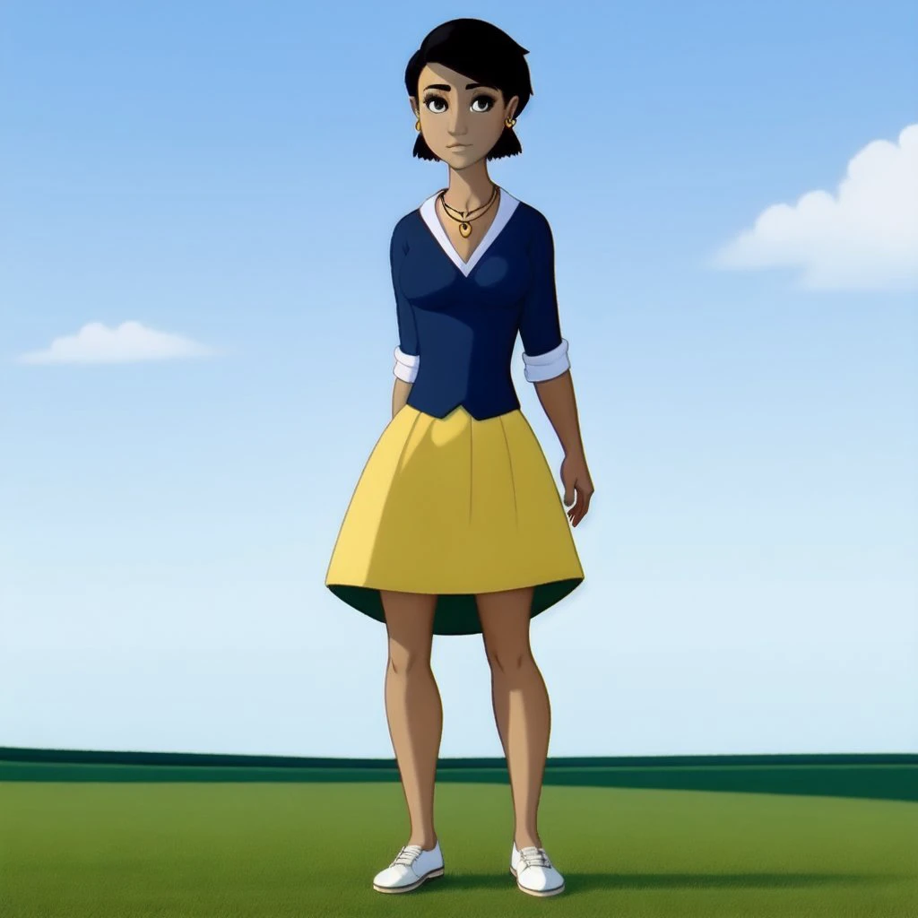 <lora:Manya-40:0.7>
manya, female, 1girl, solo, masterpiece, human,
black hair, black eyes, blue shirt, yellow skirt, long skirt, white female flat footwear, earrings, necklace, slim body,
standing on 2 legs, green field, blue sky, clouds, looking at viewe...