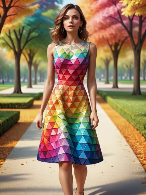 woman wearing a colorful mad-triangles dress walking through park, dynamic pose <lora:Colorful_Triangles_SDXL:0.8>, (masterpiece:1.2), best quality, (hyperdetailed, highest detailed:1.2), high resolution textures