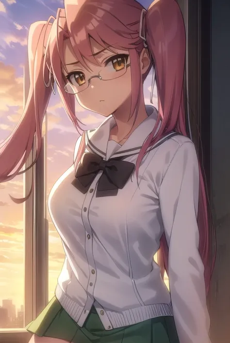 sayatakagi, <lora:saya takagi s1-lora-nochekaiser:1>,
saya takagi, long hair, ribbon, twintails, (brown eyes:1.3), hair ribbon, pink hair, glasses,
BREAK skirt, thighhighs, school uniform, serafuku, zettai ryouiki, green skirt, bowtie, long sleeves, black ...