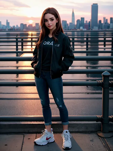 Realistic photo of a beautiful 4ll1s0np woman, 1girl,solo,long hair,looking at viewer,smile,brown hair,shirt,standing,jacket,full body,outdoors,shoes,pants,black footwear,black jacket,black shirt,building,sneakers,city,realistic,hands in pockets,railing,ci...