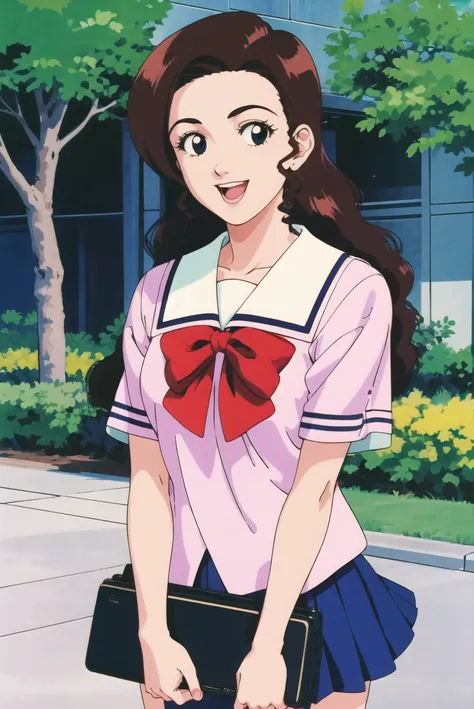 masterpiece,best quality,highres,<lora:Inoue Ayako:0.6>,Inoue Ayako,1990s (style),retro artstyle,1girl,solo,black eyes,brown hair,cowboy shot,smile,looking at viewer,school uniform,long hair,bow,skirt,red bow,open mouth,school,outdoors,