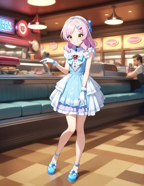 best quality, ultra-detailed, (1girl, solo,  harvard clip hair, pink hair, <lora:sdxl-little_my_cinderella-v1:1>,, littlemycinderella, blue dress, sleeveless, relaxed posture, elbows extended, standing, knees  , smile ),in an american diner