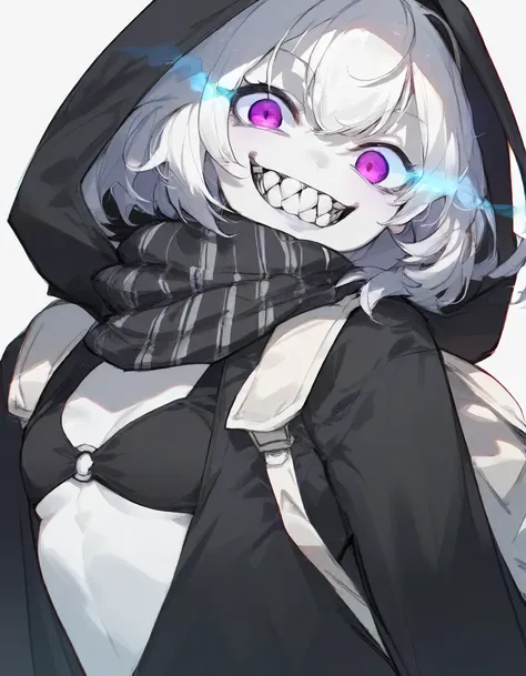 <lora:re-class_ponyXLV6:1>,score_9,score_8_up, score_7_up, score_6_up,
source_anime,source_cartoon,1girl,asrecl,upper body,grin,looking at viewer,
pale skin,purple eyes,glowing eyes,sharp teeth,small breasts,
short hair,white hair,black hoodie,black stripe...