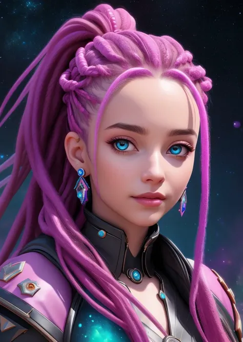 8k portrait, Queen of Chaos, melting into a magical puddle of stars, beautiful eyes, dreadlocks in a ponytail, vibrant colors,  highly detailed, digital painting, Style-Gravitymagic,  artstation, concept art, smooth, sharp focus, illustration, Unreal Engin...