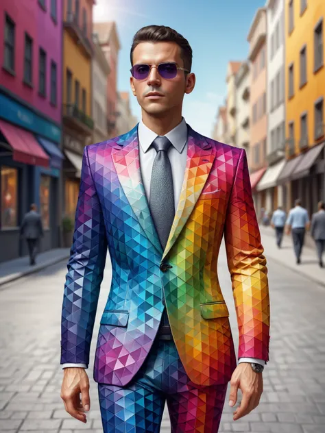 man wearing a colorful mad-triangles business suit walking through city, dynamic pose <lora:Colorful_Triangles_SDXL:0.8>, (masterpiece:1.2), best quality, (hyperdetailed, highest detailed:1.2), high resolution textures