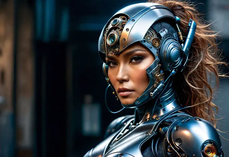 Digital depth map, digital indicators on the map, Jennifer Lopez dressed as a robot, a robot suit made of steel, a powerful steel connection in a robot suit, with electrical connections from the suit to the head shield,
Strong steel head shield, highly det...