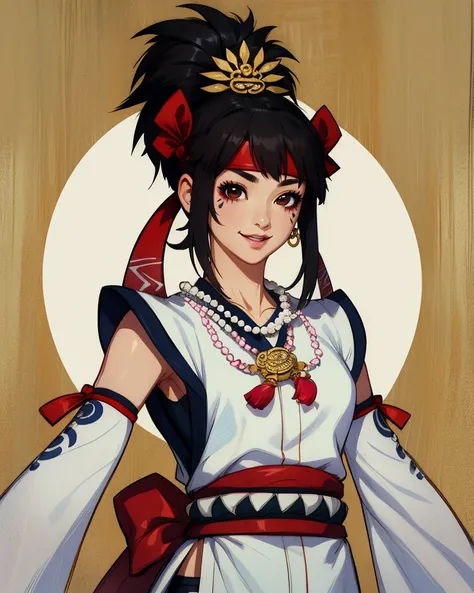 himiko,short black hair,brown eyes,ponytail,facial mark,
headband,hair hair ornament,blue thighhighs,detached sleeves,white robe,necklace,shorts,
standing,upper body, 
big smile,
sengoku period,solo,
(insanely detailed,masterpiece, best quality),<lora:himi...