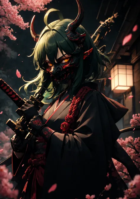 dark theme, oni_mask, gavial, 1girl, green hair, short hair, yellow eyes, pointy ears, japanese clothes, kimono, black kimono, (glowing: 1.1), (glowing eyes: 1.1), horned helmet, (mask on head: 1.1), (oni: 1.21), (red mask: 1.21), holding weapon, holding s...