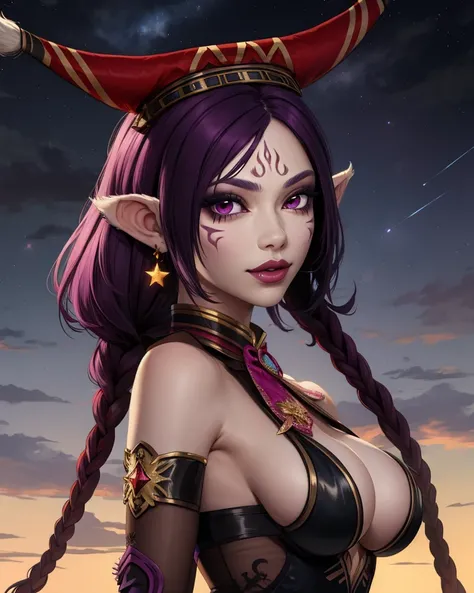 DaJi,purple hair,facial mark,pointy ears,purple eyes,lipstick,twin braids,bangs from side,earrings,jewelry,thighhighs,black thong,detached sleeves,see-through attire,cleavage cutout,hat with hair ornament,neck collar,solo,happy,upper body,standing,
battlef...