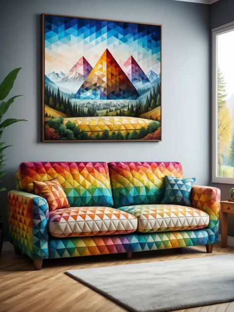 colorful mad-triangle sofa in living room, photo of a landscape on the wall<lora:Colorful_Triangles_SDXL:0.6>, (masterpiece:1.2), best quality, (hyperdetailed, highest detailed:1.2), high resolution textures