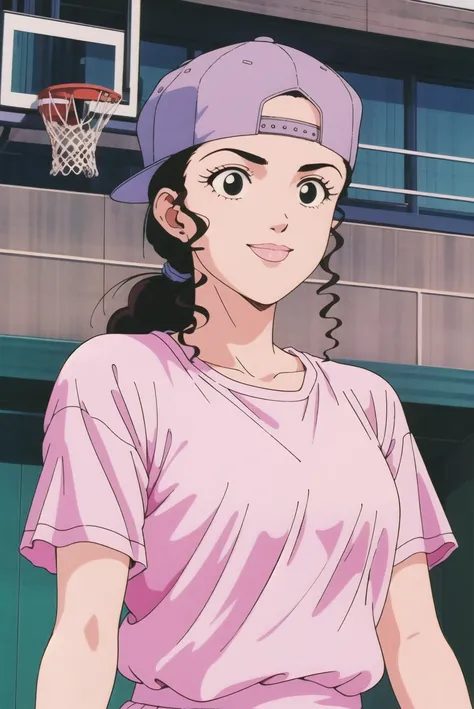 masterpiece,best quality,highres,<lora:Inoue Ayako:0.6>,Inoue Ayako,1990s (style),retro artstyle,1girl,solo,black eyes,brown long hair,hat,shirt,pink shirt,smile,baseball cap,upper body,ponytail,basketball court,