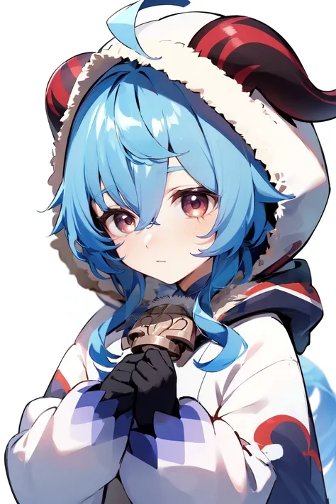 <lora:ganyuyoungany-0020:0.8>,ganyuyoungany,best quality,masterpiece,1girl, ganyu (genshin impact), blue hair, ahoge, hood, solo, gloves, hood up, bangs, horns, fur trim, blush, red eyes, long hair, parted lips, blurry, hair between eyes, <lora:g,W0pN9ObK2...