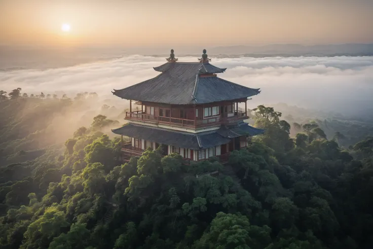 a small building in the middle of a forest with fog in the air and a sun setting behind it, David Martin, mystical, sumatraism, award-winning photograph, naturalism, insane details, cinematic light, detailed, color grading, sunrise  <lora:Instant_landscape...