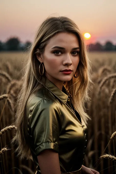 photo of (tor1anders0n-135:0.99), a beautiful woman, perfect hair, (modern photo, Cherry Red dress shirt:1.1), closeup portrait, 85mm, (analog, cinematic, film grain, hazy atmosphere:1.3), ((A golden wheat field at sunset:1.2)), detailed eyes, (seductive),...