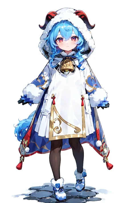 <lora:ganyuyoungan-0020:0.8>,ganyuyoungan,best quality,masterpiece,1girl, solo, ganyu (genshin impact), long hair, horns, bell, blue hair, gloves, ahoge, fur trim, coat, pantyhose, white background, black gloves, full body, standing, white footwear, lookin...