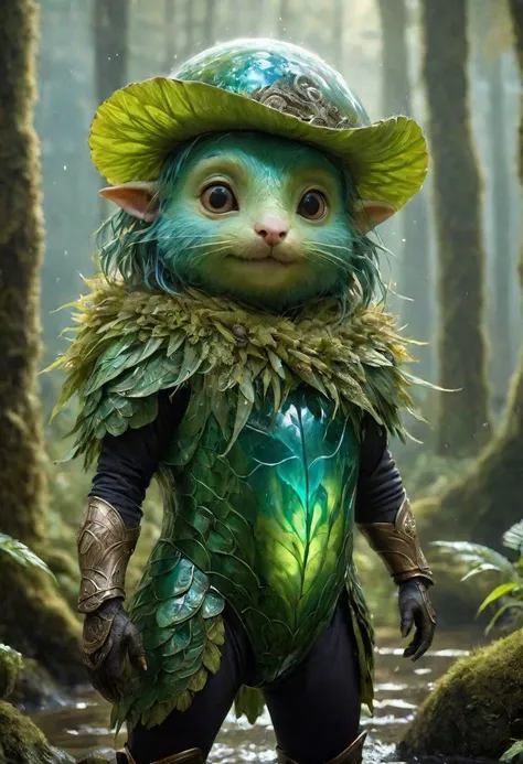 famous artwork by (magali villeneuve:1.2), detailed expressive eyes, fantasy style, the eccentric uncommon mobglow with grimegobbering vrangboodle and a vassled zibberzang that shields it from rain, it is covered in fluffy tocker and stalks carefully throu...