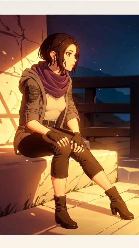 zoecas, sitting, 1woman, black short hair, hazel eyes, gray coat, purple scarf, white top, fingerless gloves, belt, black pants, black boots,  <lora:zoecas:0.7>, 8k, 16k, trending on pixiv, fanbox, skeb, masterpiece, detailed face, digital painting,