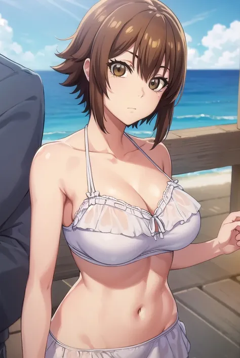 chisakotegawa, <lora:chisa kotegawa s1-lora-nochekaiser:1>,
chisa kotegawa, short hair, bangs, brown hair, (brown eyes:1.5),
BREAK navel, cleavage, collarbone, swimsuit, bikini, white bikini, sarong,
BREAK outdoors, beach,
BREAK looking at viewer, (cowboy ...