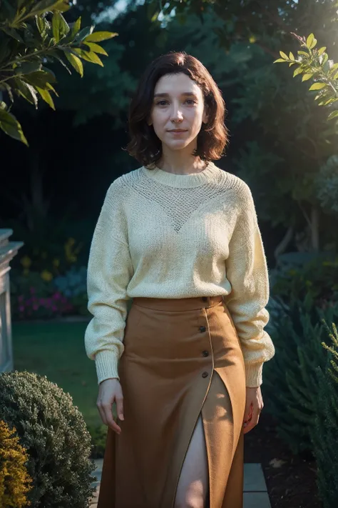 sibelkekilli,a woman wearing knit sweater and skirt, garden, (cinematic lighting:0.5) <lora:sibelkekilli:1>