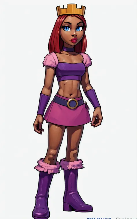 8k,4k,((Best quality, masterpiece, ultra high resolution)),((full body, by pixelsketcher)),   <lora:PrincessCandy:0.82>,PrincessCandy,red hair, crown, boots, dark skin,belt, dark-skinned female, choker, skirt, pink skirt, midriff, purple belt, purple boots...