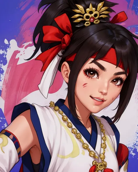 himiko,short black hair,brown eyes,ponytail,facial mark,
headband,hair hair ornament,blue thighhighs,detached sleeves,white robe,necklace,shorts,
standing,upper body,
big smile,
sengoku period,solo,
(insanely detailed, beautiful detailed face, masterpiece,...